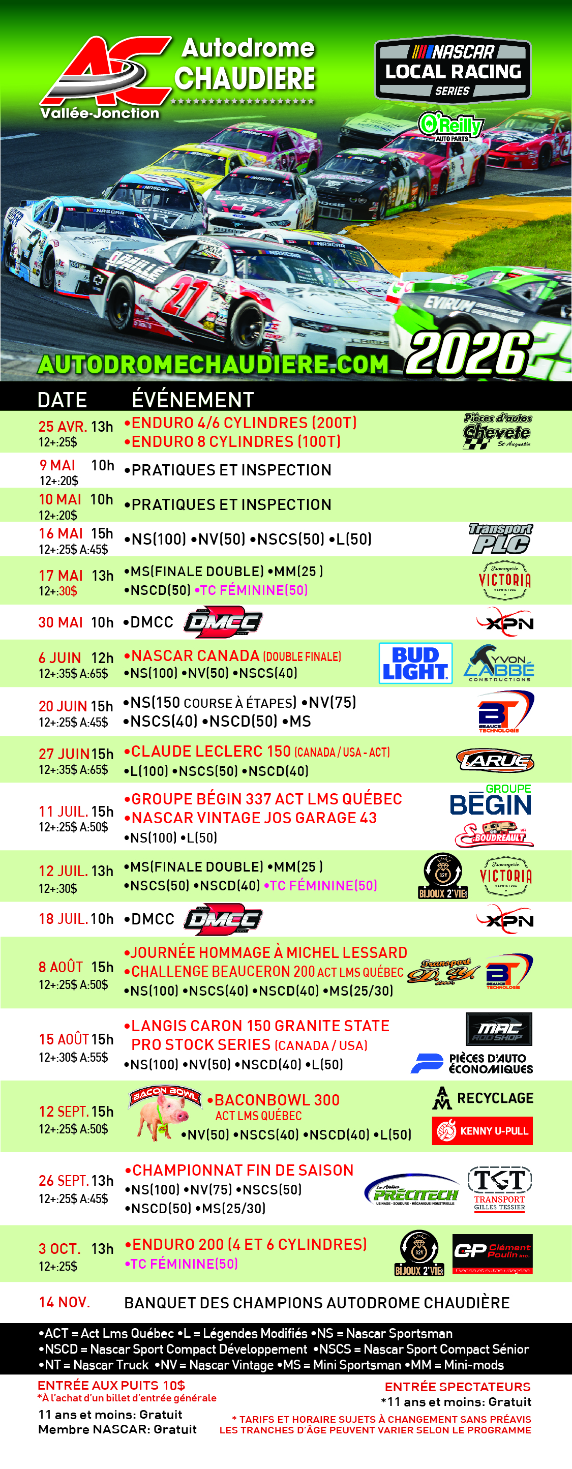 Calendrier de la saison 2026 à l'Autodrome Chaudière