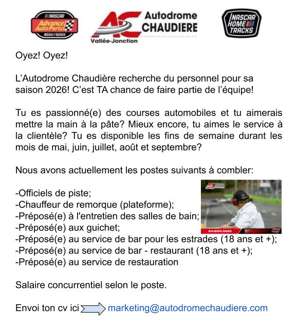 L'Autodrome Chaudière recherche du personnel pour la saison 2026!